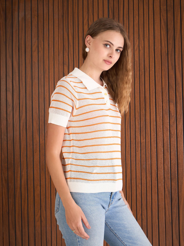 Women Orange &amp; White Crochet Stripes Polo T-Shirt