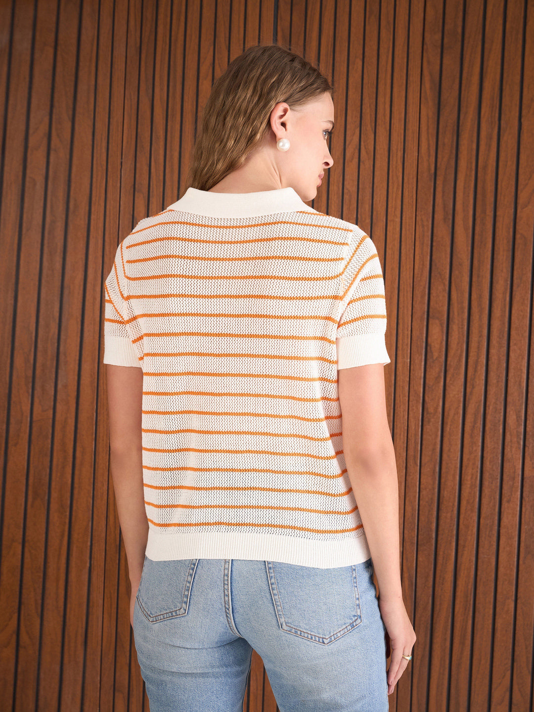 Women Orange &amp; White Crochet Stripes Polo T-Shirt