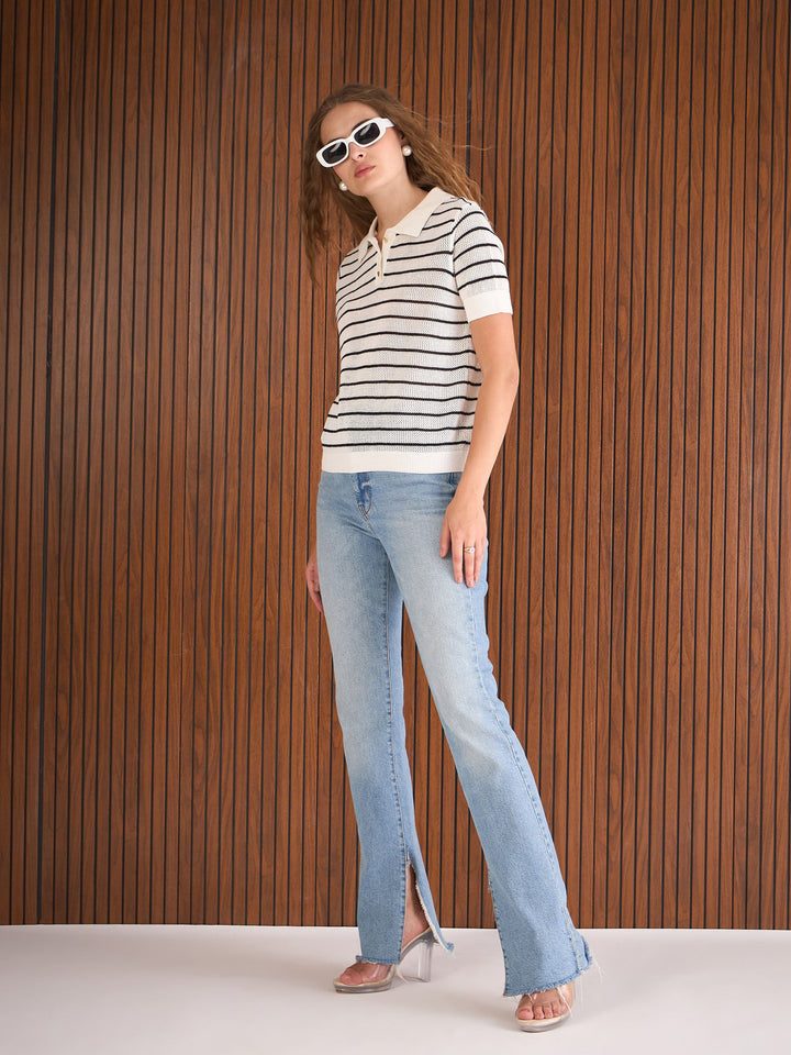 Women Black &amp; White Crochet Stripes Polo T-Shirt