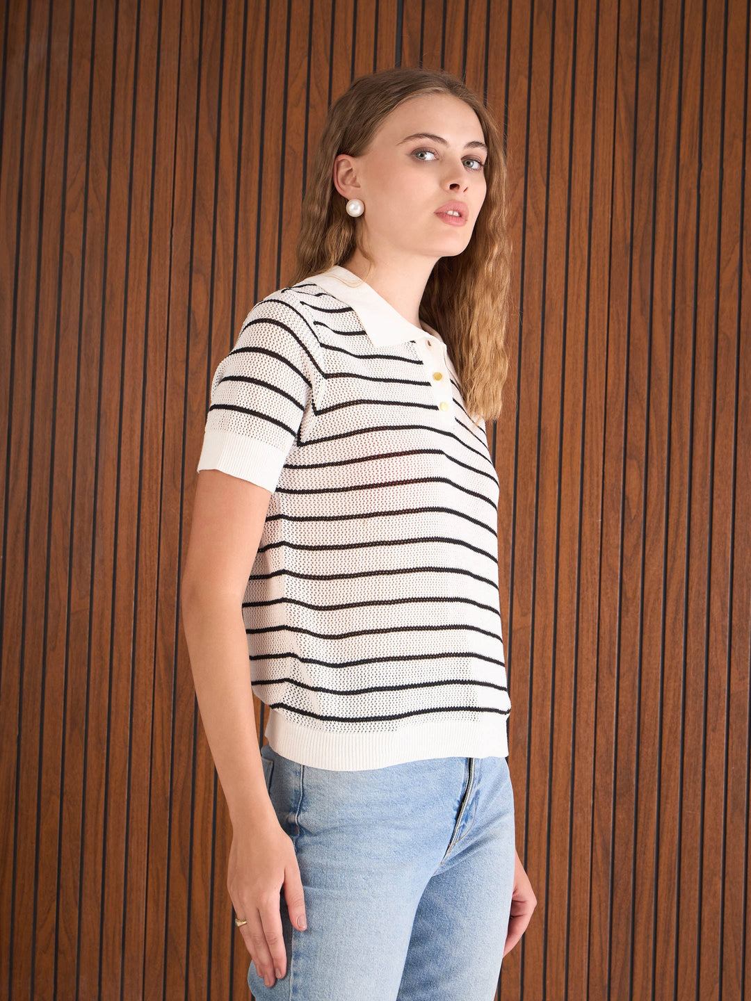 Women Black &amp; White Crochet Stripes Polo T-Shirt