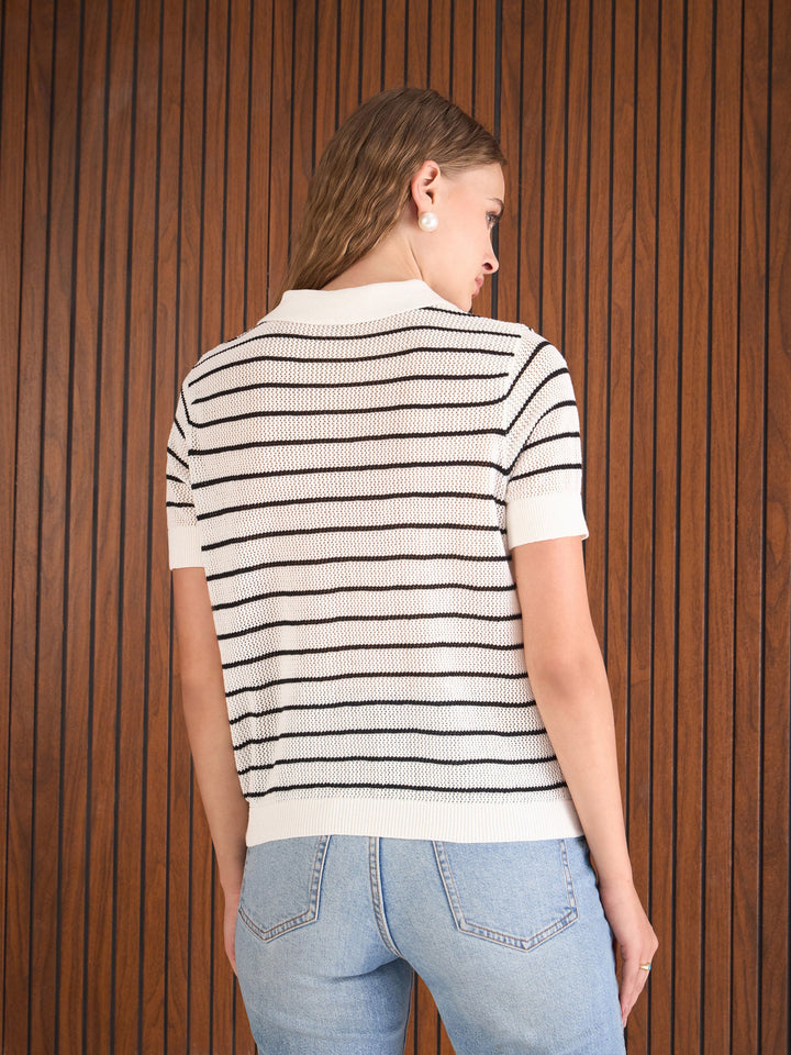 Women Black &amp; White Crochet Stripes Polo T-Shirt