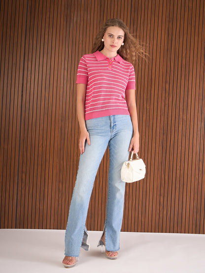 Women Pink & White Crochet Stripes Polo T-Shirt