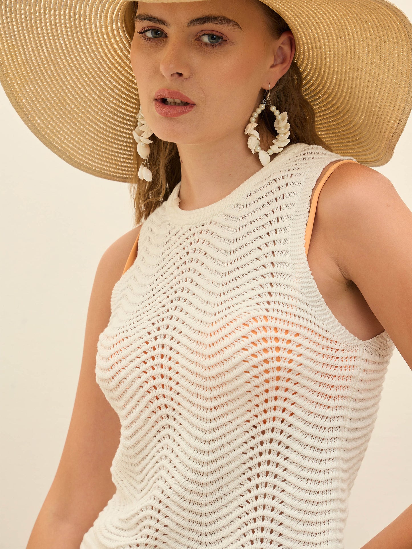 Women Off-White Crochet Round Neck Sleeveless Top