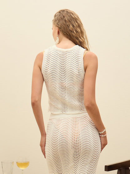 Women Off-White Crochet Round Neck Sleeveless Top