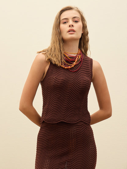 Women Dark Brown Crochet Round Neck Sleeveless Top