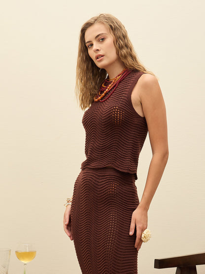 Women Dark Brown Crochet Round Neck Sleeveless Top