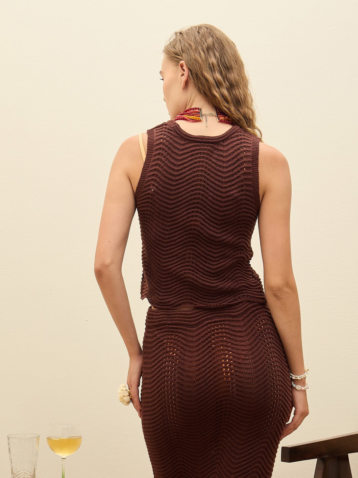 Women Dark Brown Crochet Round Neck Sleeveless Top