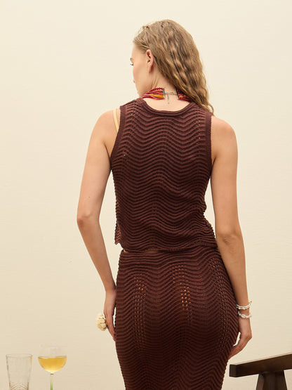 Women Dark Brown Crochet Round Neck Sleeveless Top