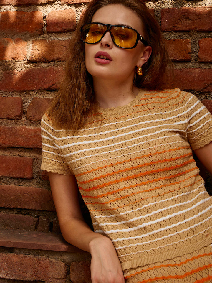 Women Dark Beige &amp; Orange Crochet Stripes Scalloped Top