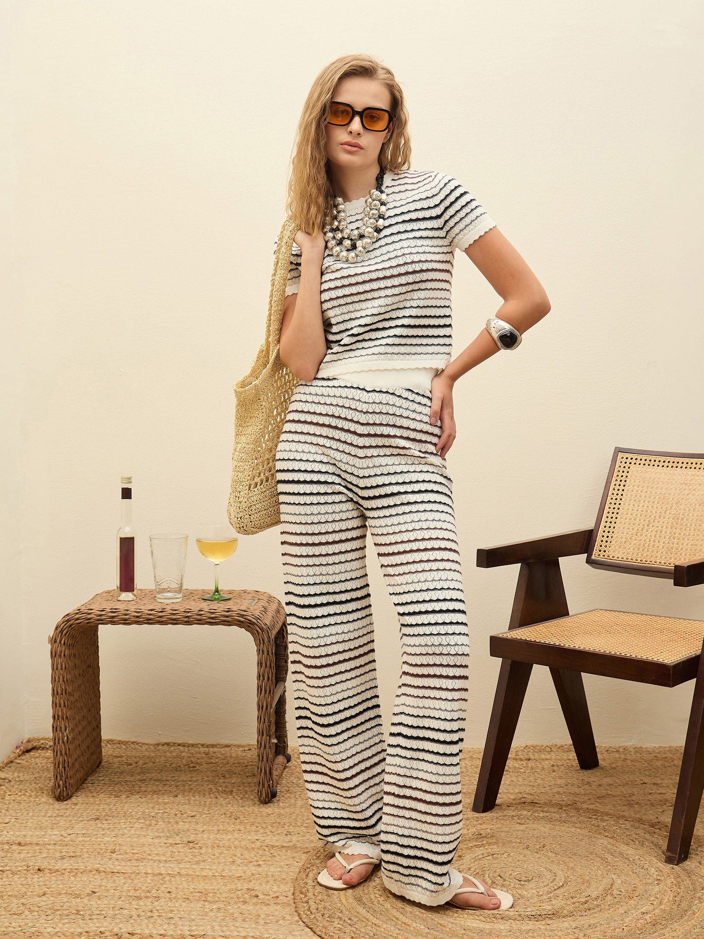 Off-White & Black Crochet Stripes Scalloped Top