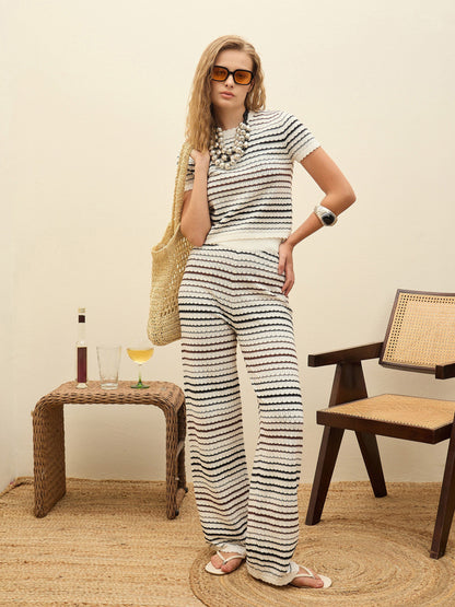 Off-White & Black Crochet Stripes Scalloped Top