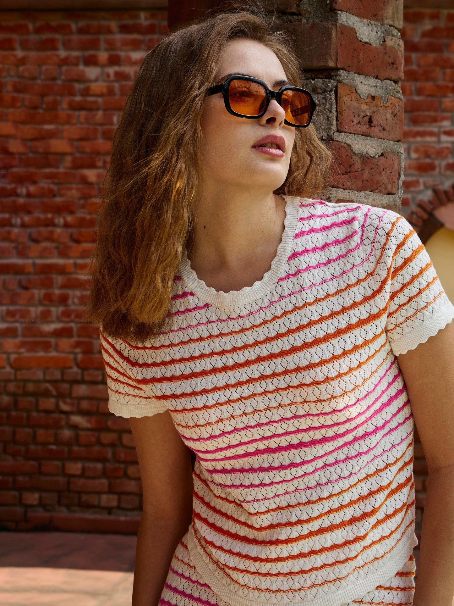Pink & Off-White Crochet Stripes Scalloped Top