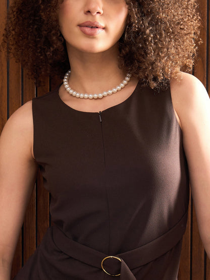 Women Brown Sleeveless Front Zipper Belted Top