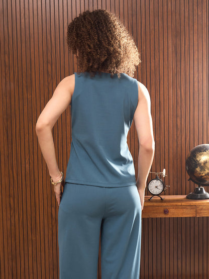 Women Teal Blue Sleeveless Front Zipper Belted Top