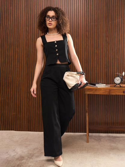 Women Black Sleeveless Button Down Top