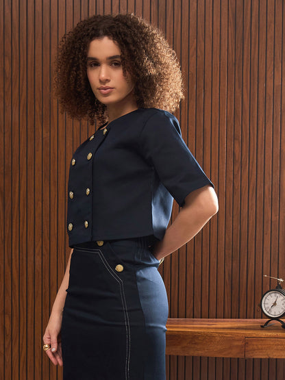 Women Navy Twill Double Breast Top