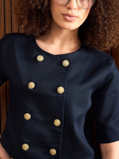 Women Navy Twill Double Breast Top