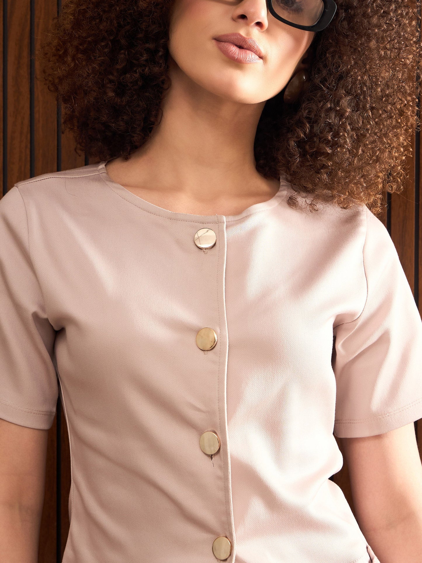 Taupe Round Neck Button Down Top