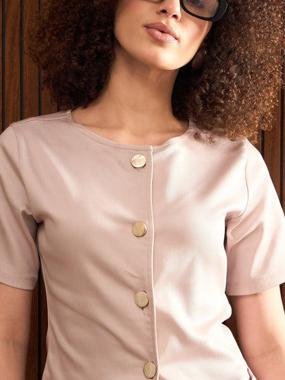 Taupe Round Neck Button Down Top