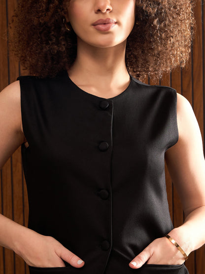 Women Black Sleeveless Bone Pocket Longline Top