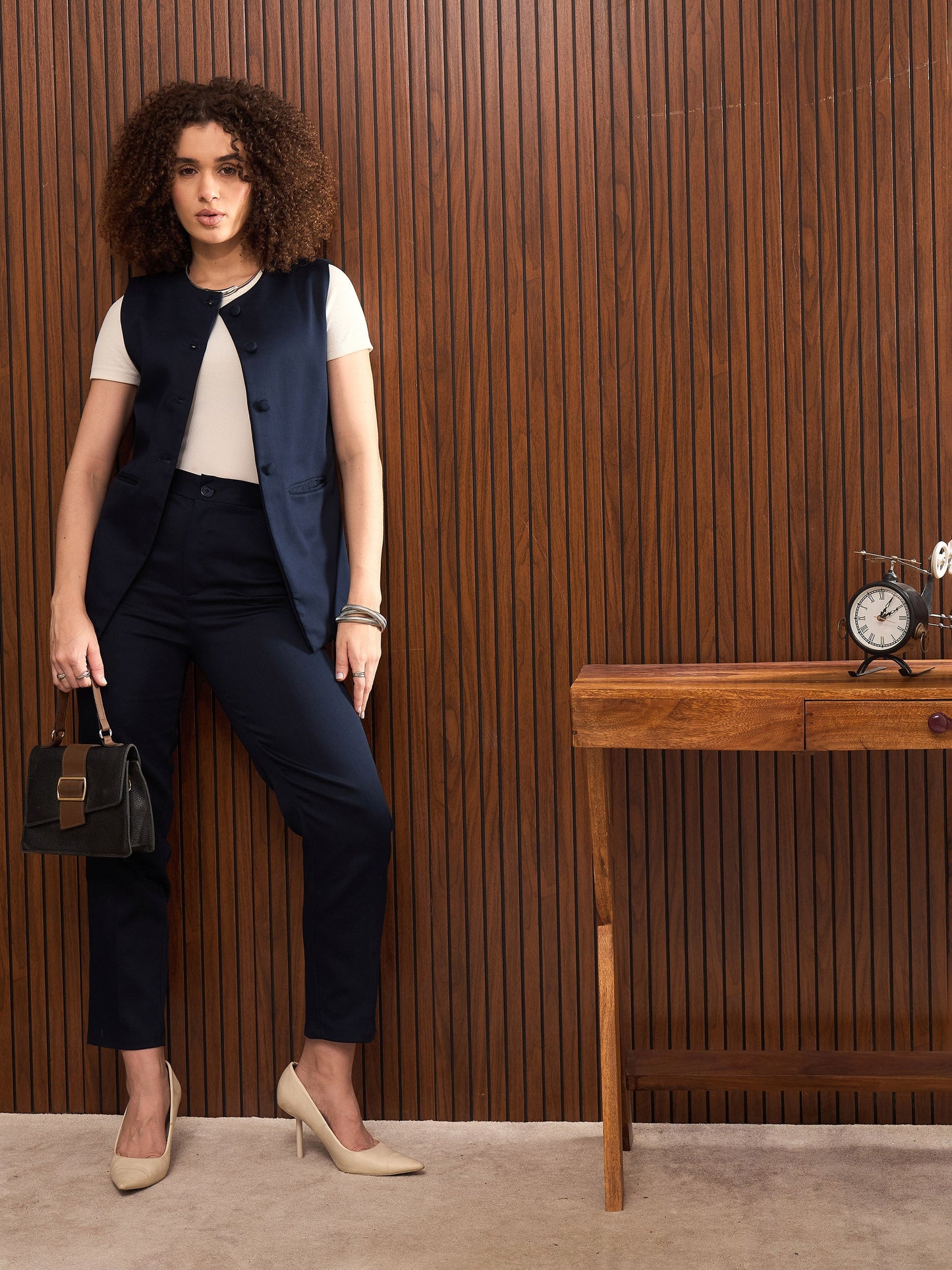 Women Navy Sleeveless Bone Pocket Longline Top