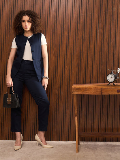 Women Navy Sleeveless Bone Pocket Longline Top