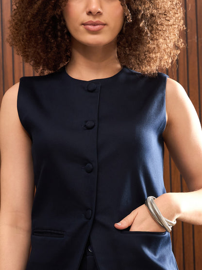 Women Navy Sleeveless Bone Pocket Longline Top