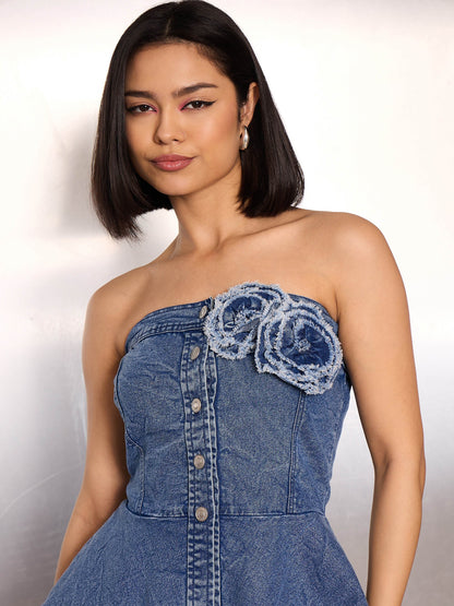 Women Blue Denim Washed Corsage Button Down Top