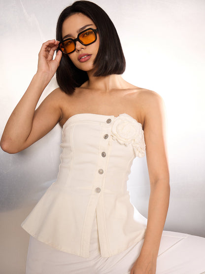 Women White Denim Corsage Button Down Top