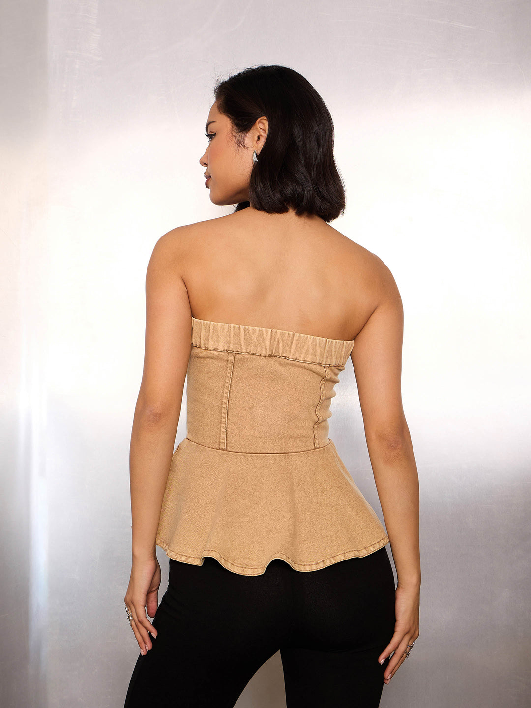 Women Beige Denim Corsage Button Down Top