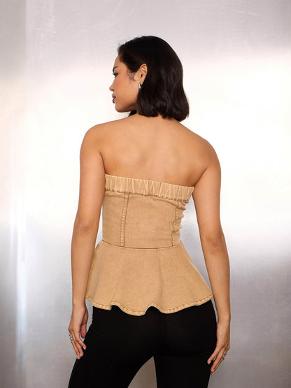 Women Beige Denim Corsage Button Down Top