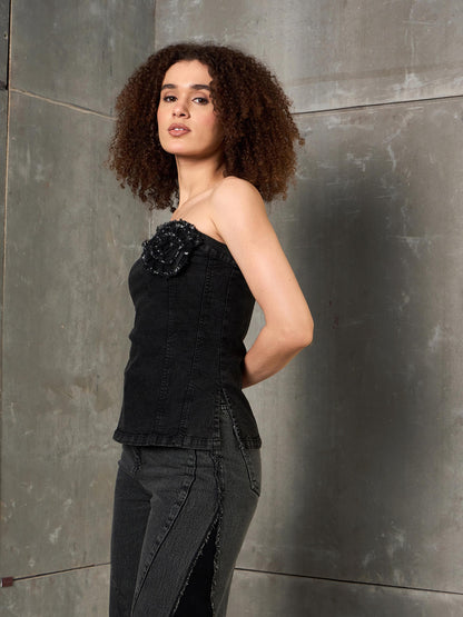 Black Washed Denim Corsage Detail Tube Top