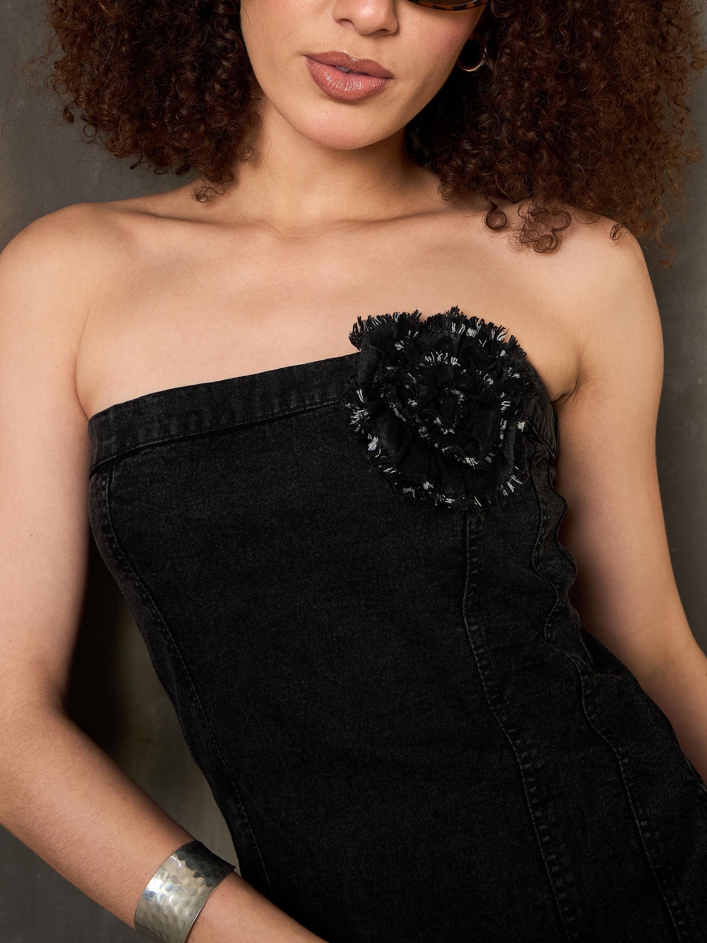 Black Washed Denim Corsage Detail Tube Top