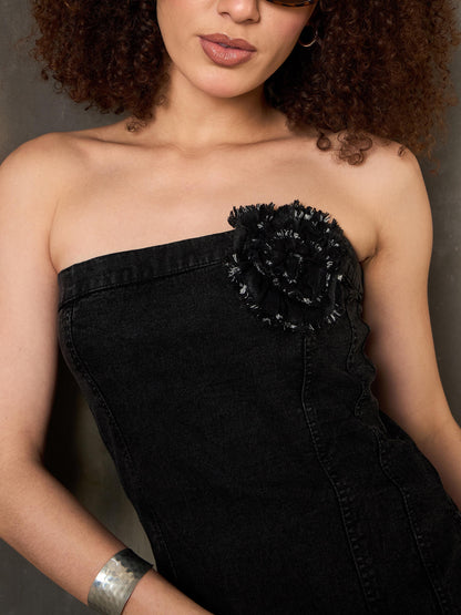 Black Washed Denim Corsage Detail Tube Top