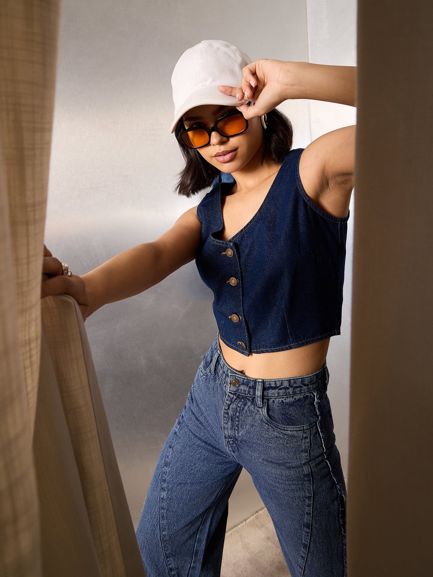 Women Navy Blue Denim Sleeveless Crop Top