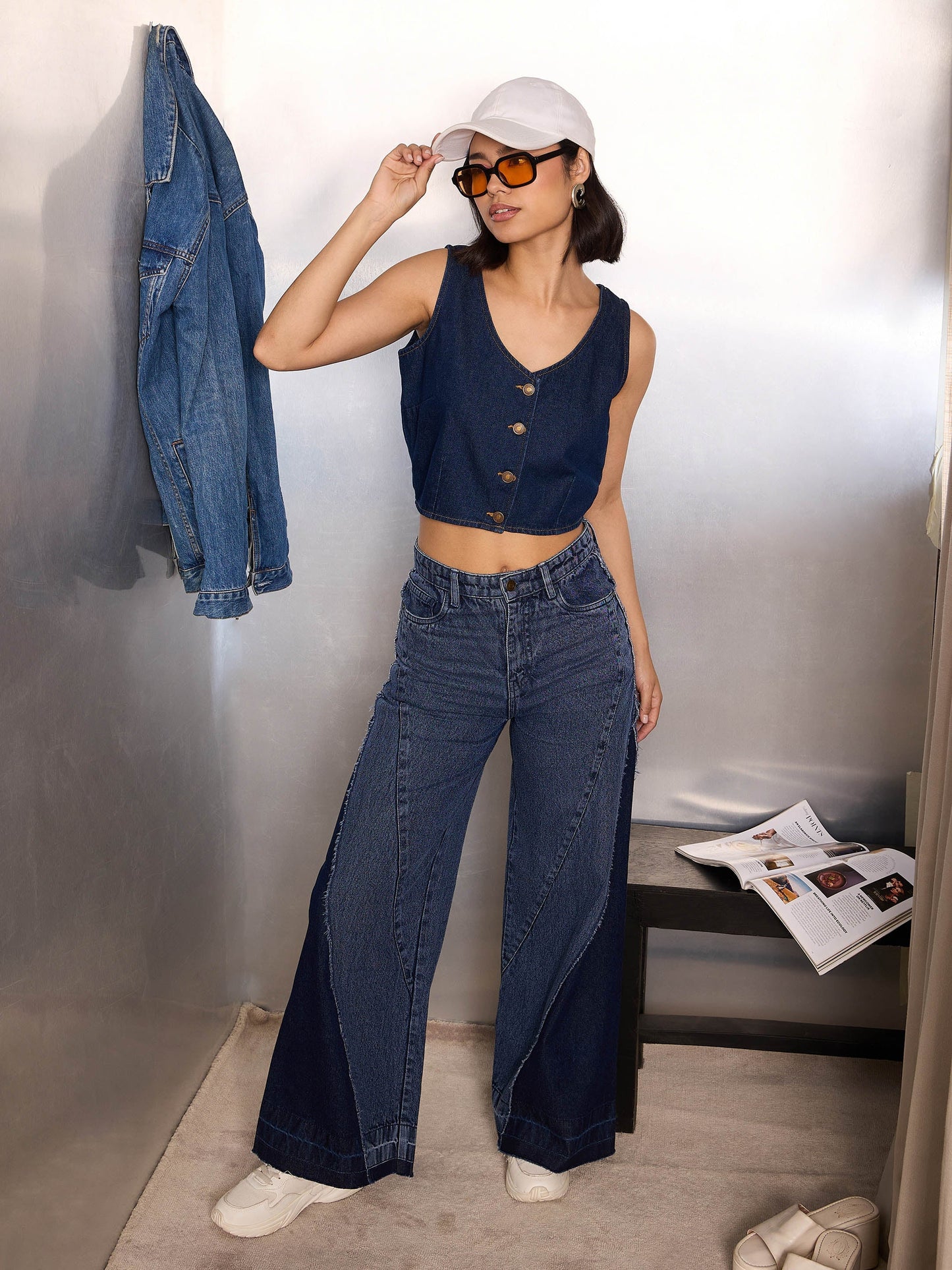 Women Navy Blue Denim Sleeveless Crop Top