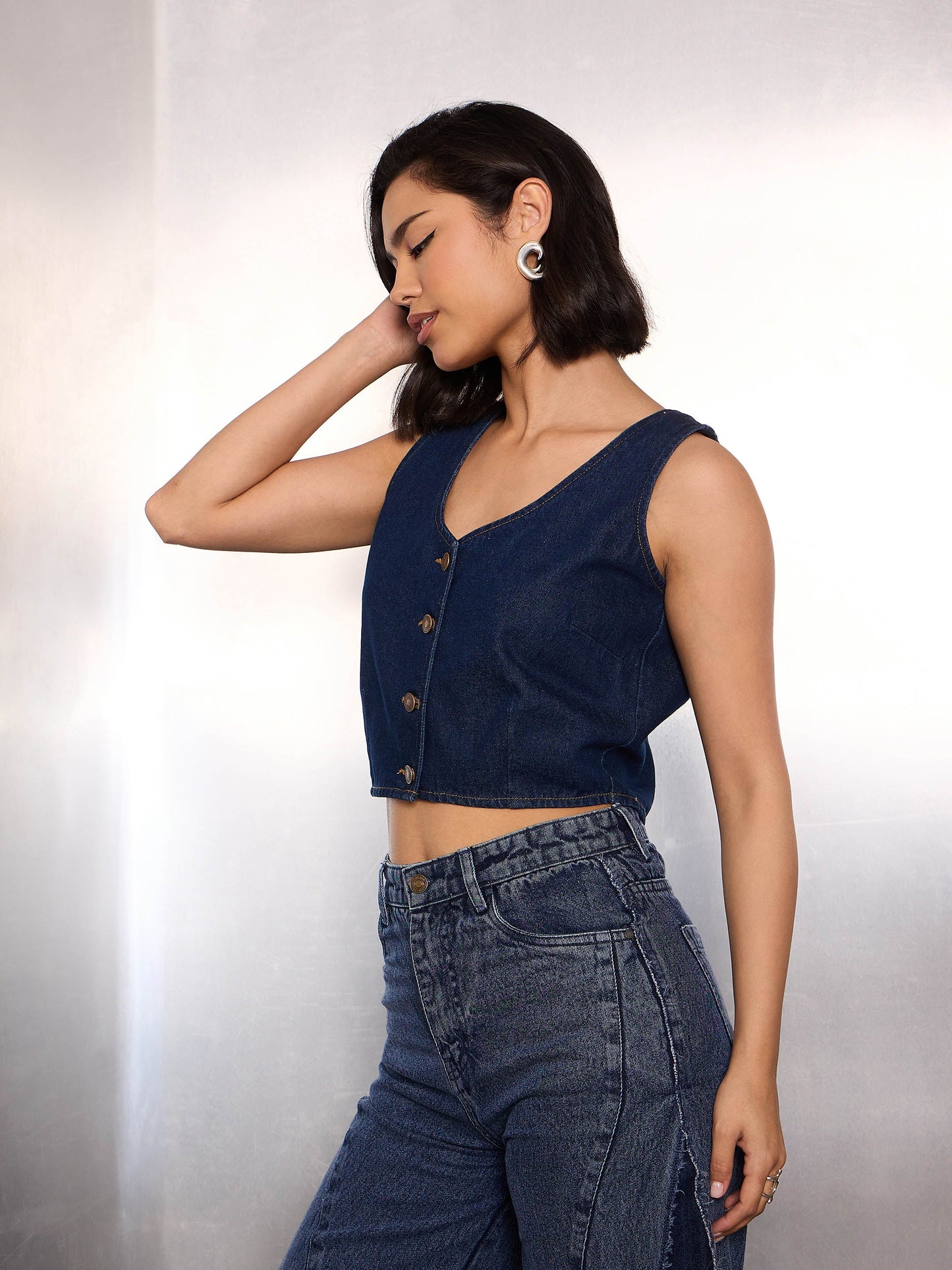 Women Navy Blue Denim Sleeveless Crop Top