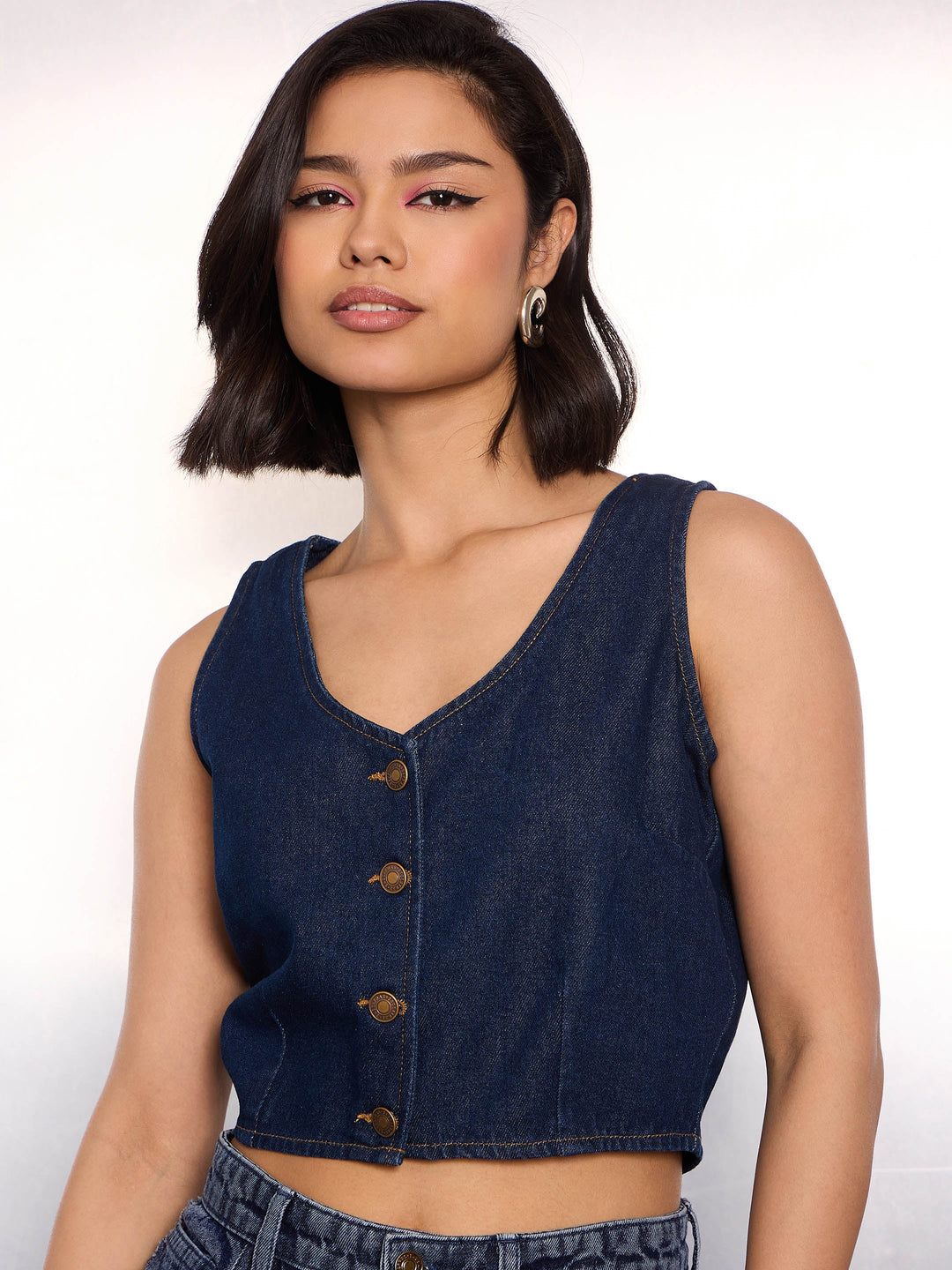 Women Navy Denim Sleeveless Crop Top