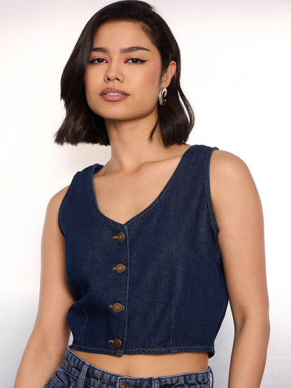 Women Navy Blue Denim Sleeveless Crop Top