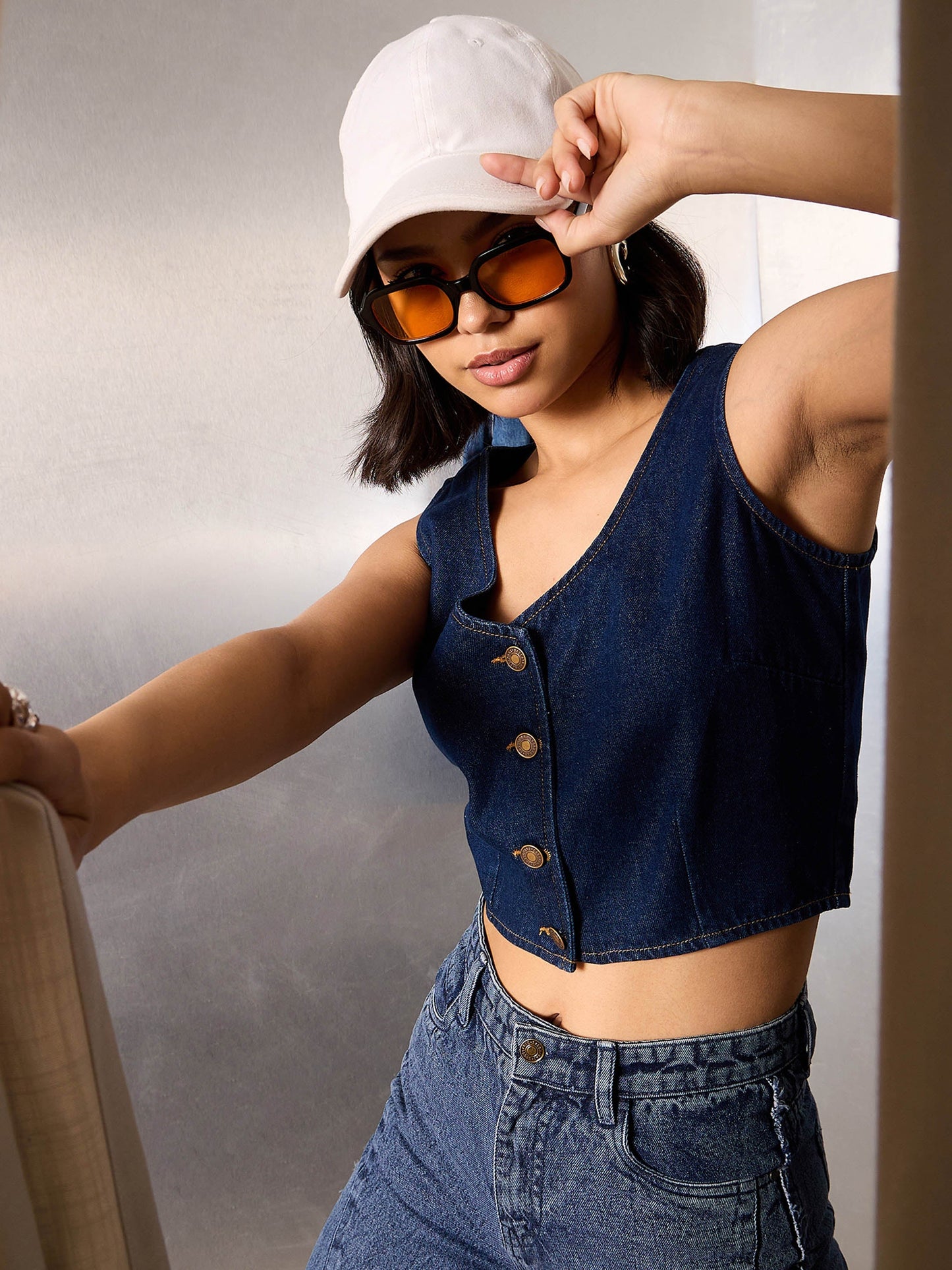 Women Navy Blue Denim Sleeveless Crop Top