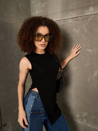 Women Black Rib Sleeveless Side Slit Top