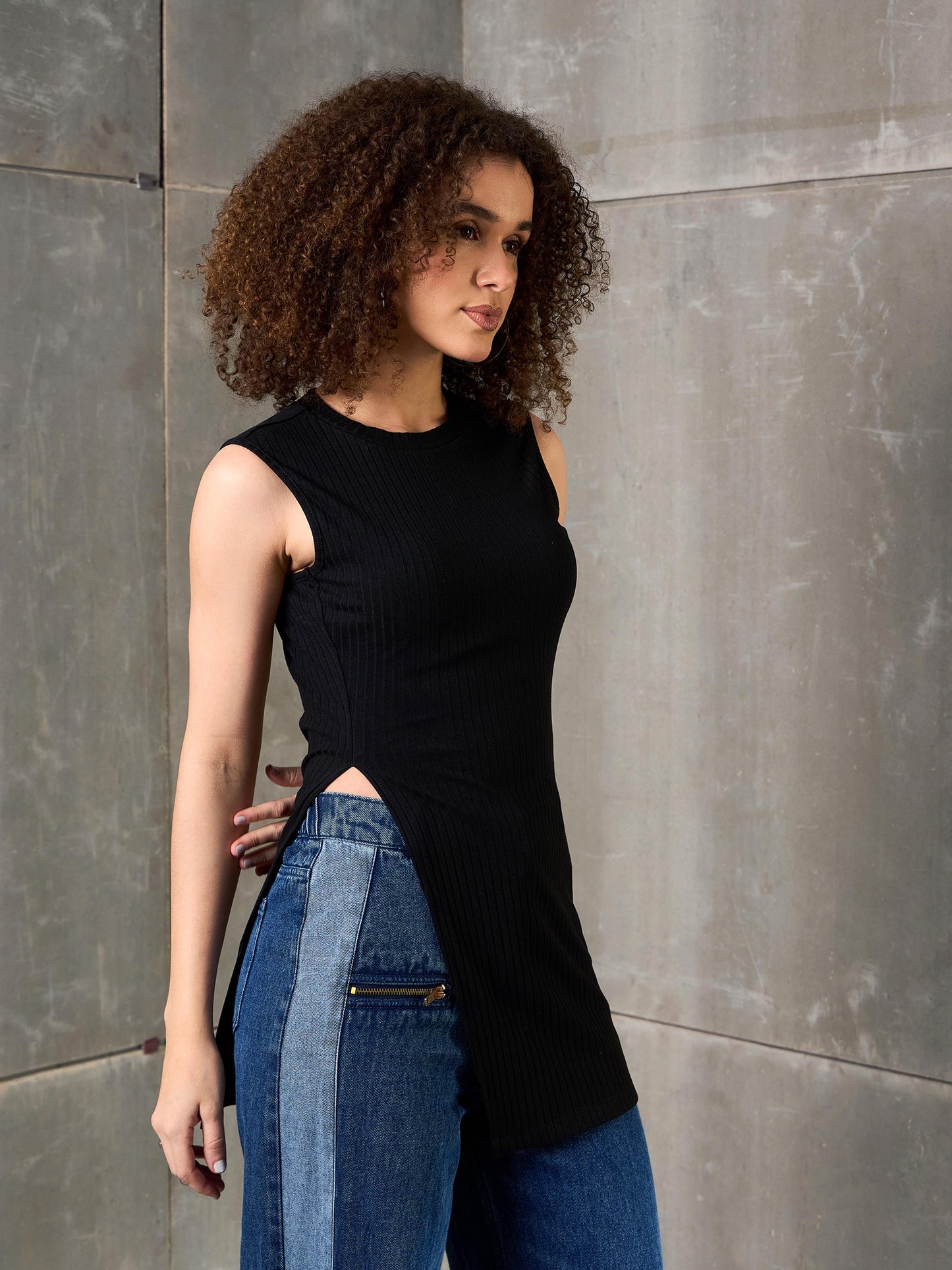 Women Black Rib Sleeveless Side Slit Top