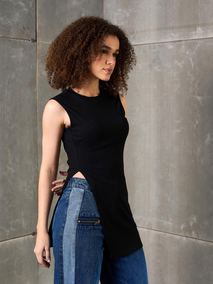Women Black Rib Sleeveless Side Slit Top