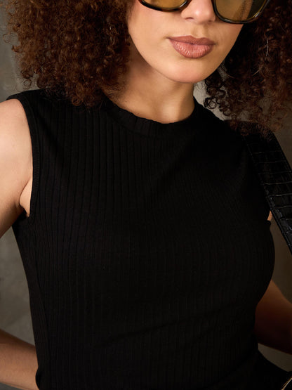 Women Black Rib Sleeveless Side Slit Top
