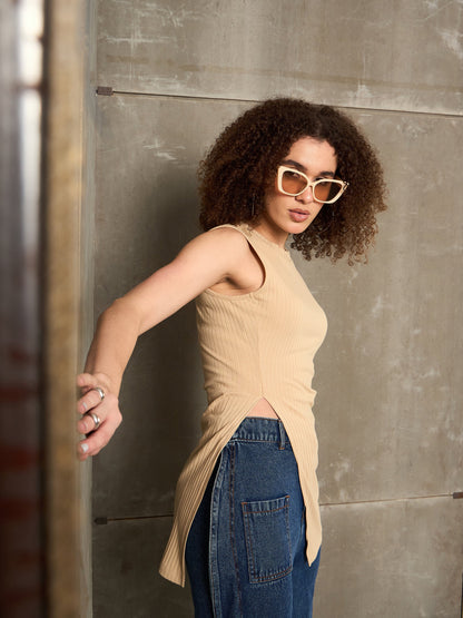 Women Beige Rib Sleeveless Side Slit Top
