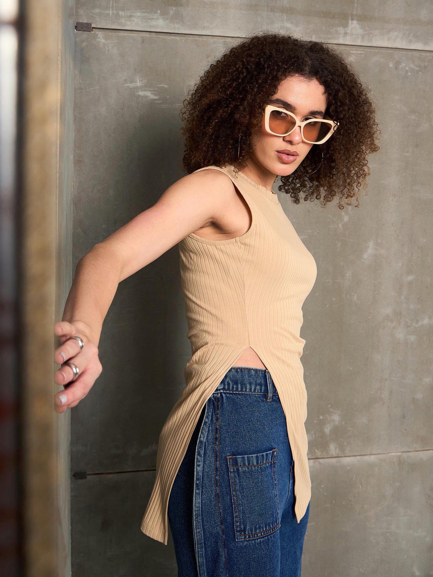 Women Beige Rib Sleeveless Side Slit Top