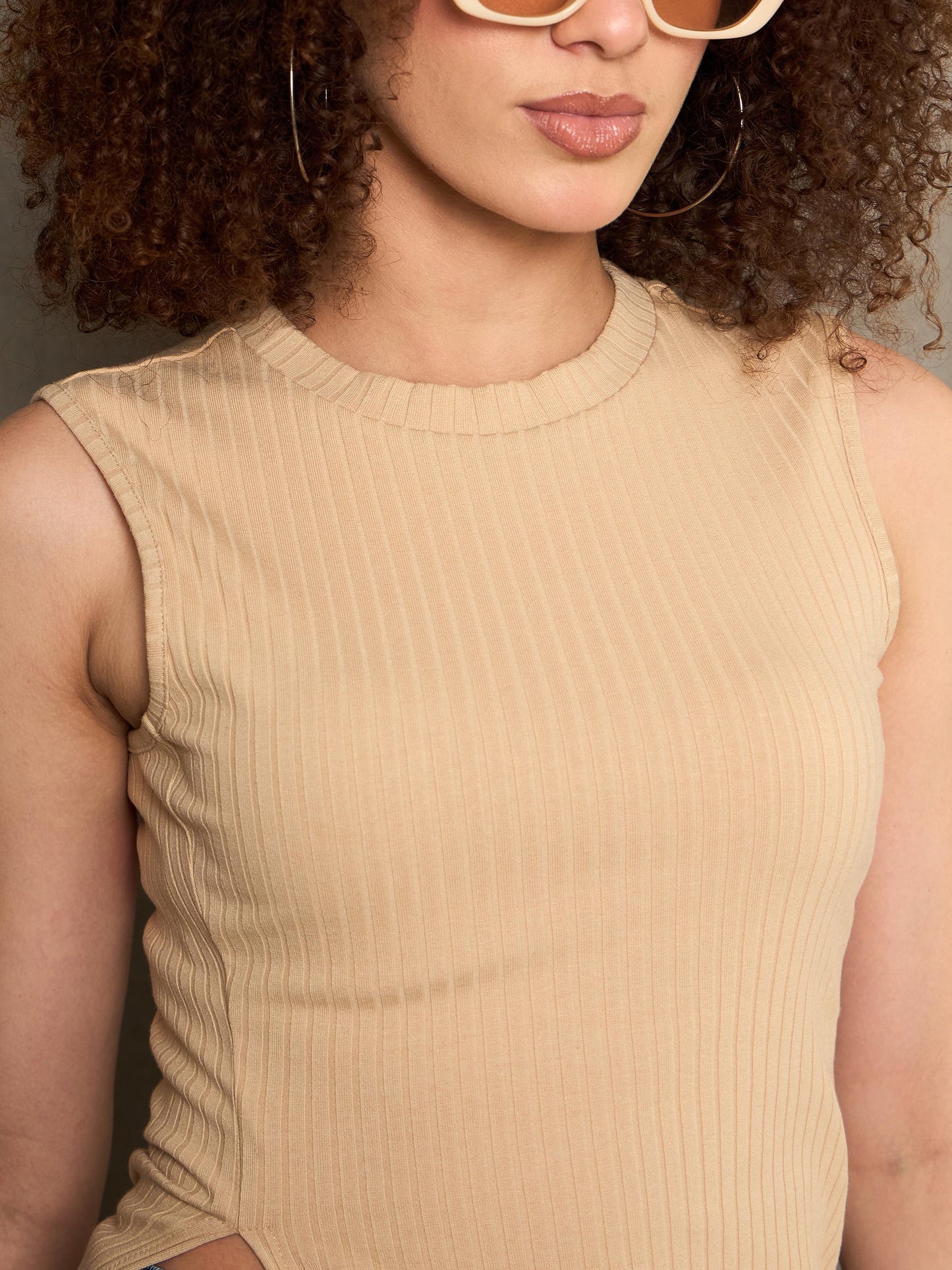 Women Beige Rib Sleeveless Side Slit Top