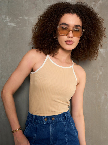 Women Beige Rib Contrast Piping Strappy Top