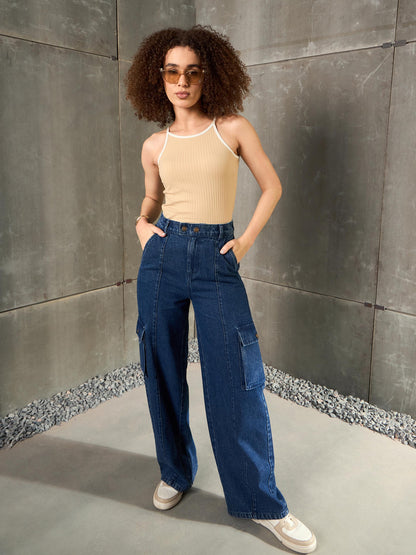 Women Beige Rib Contrast Piping Strappy Top