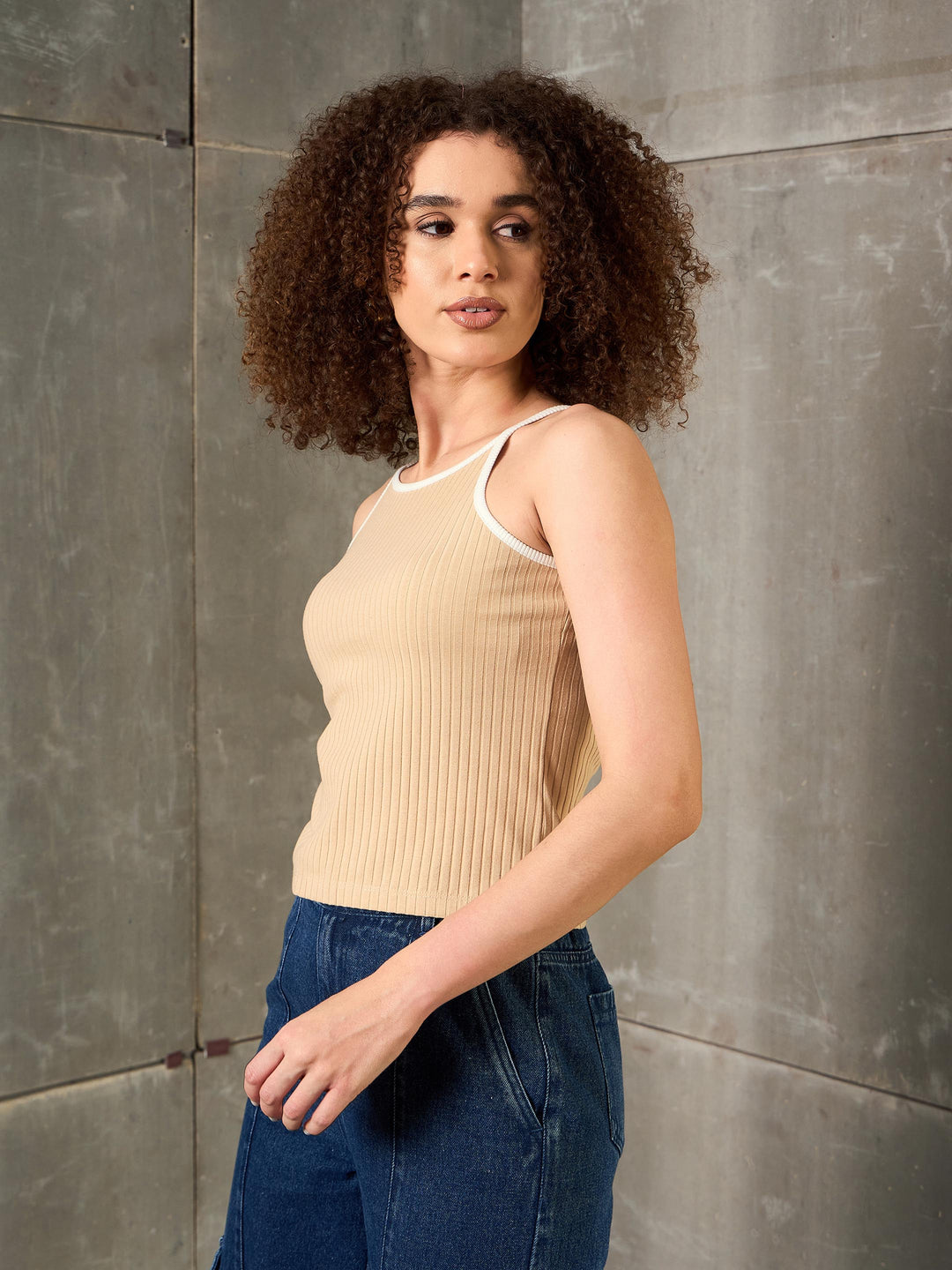 Women Beige Rib Contrast Piping Strappy Top
